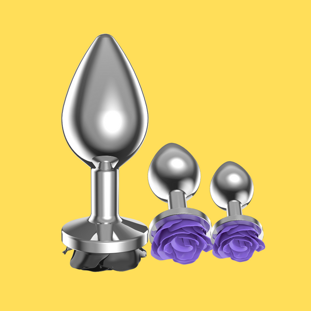 UM-PL015SL Silver Metal Anal Butt Plug with Rose Flower